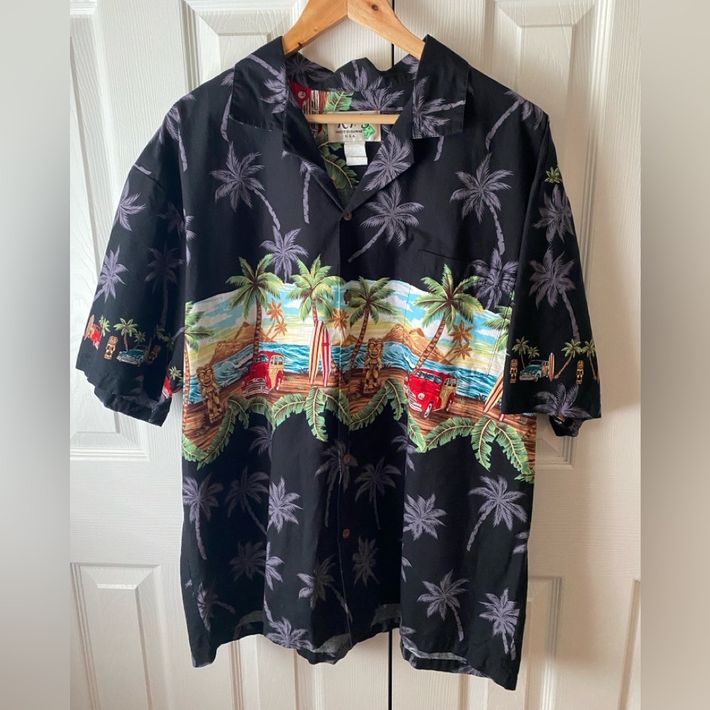 VINTAGE KY’S Hawaiian Novelty Palm Tree Woody Printed Button Up Camp Shirt 2XL